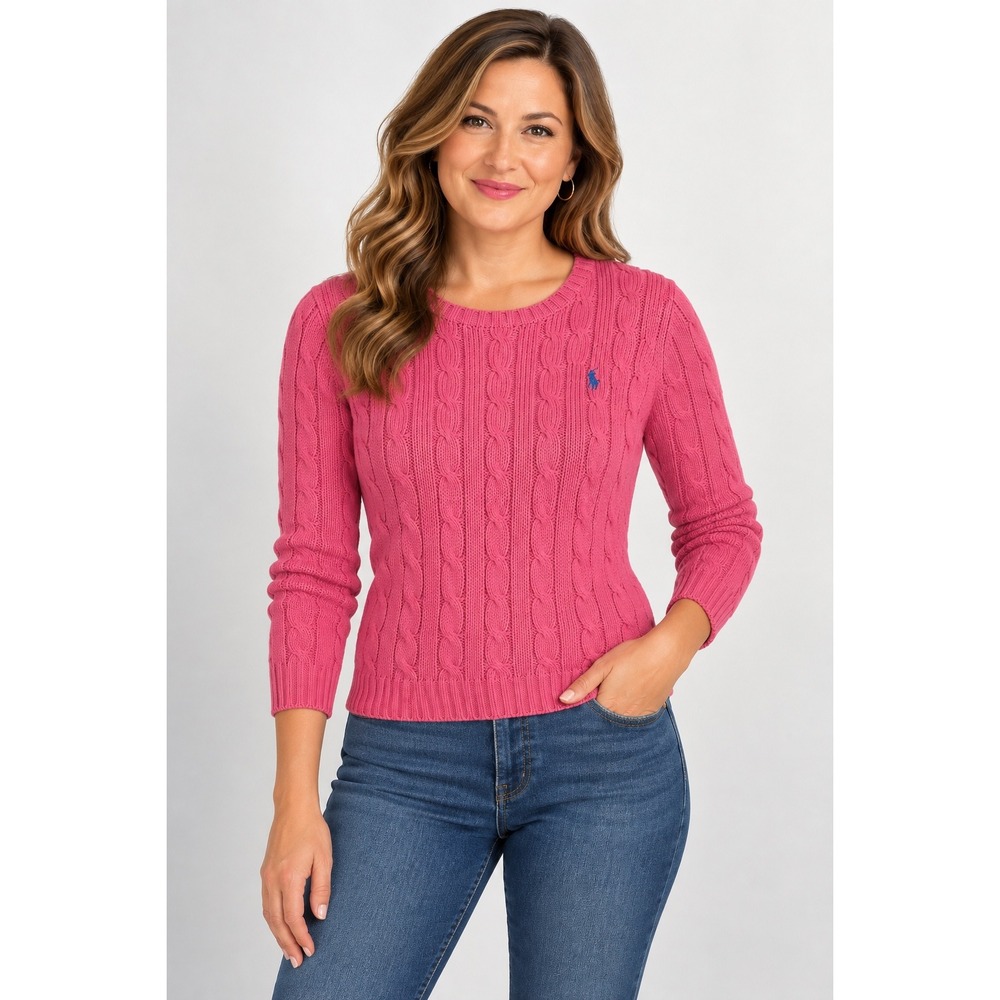 Ralph Lauren Pink Cable Knit Cotton Sweater Crew Neck Blue Pony Womens Medium